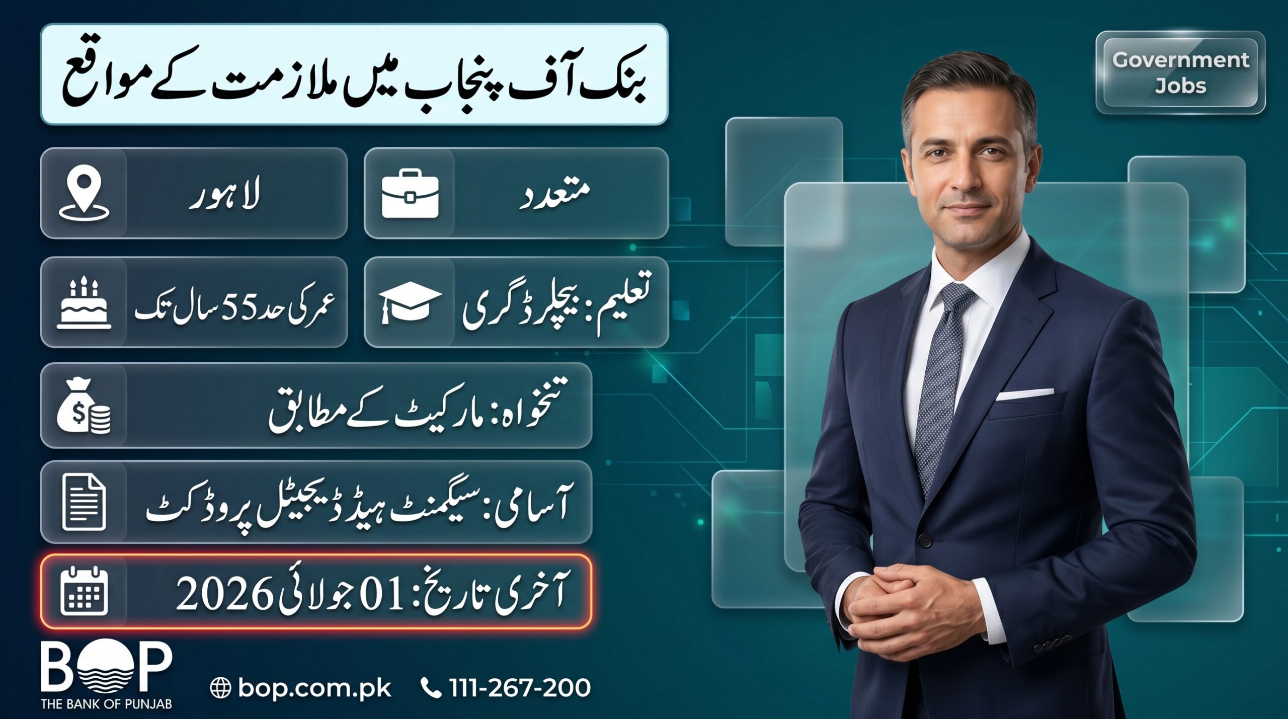 Bank of Punjab Jobs 2026 feature image showing Lahore job opportunity, Bachelor education, 55 years age limit, market salary, and July 01, 2026 last date