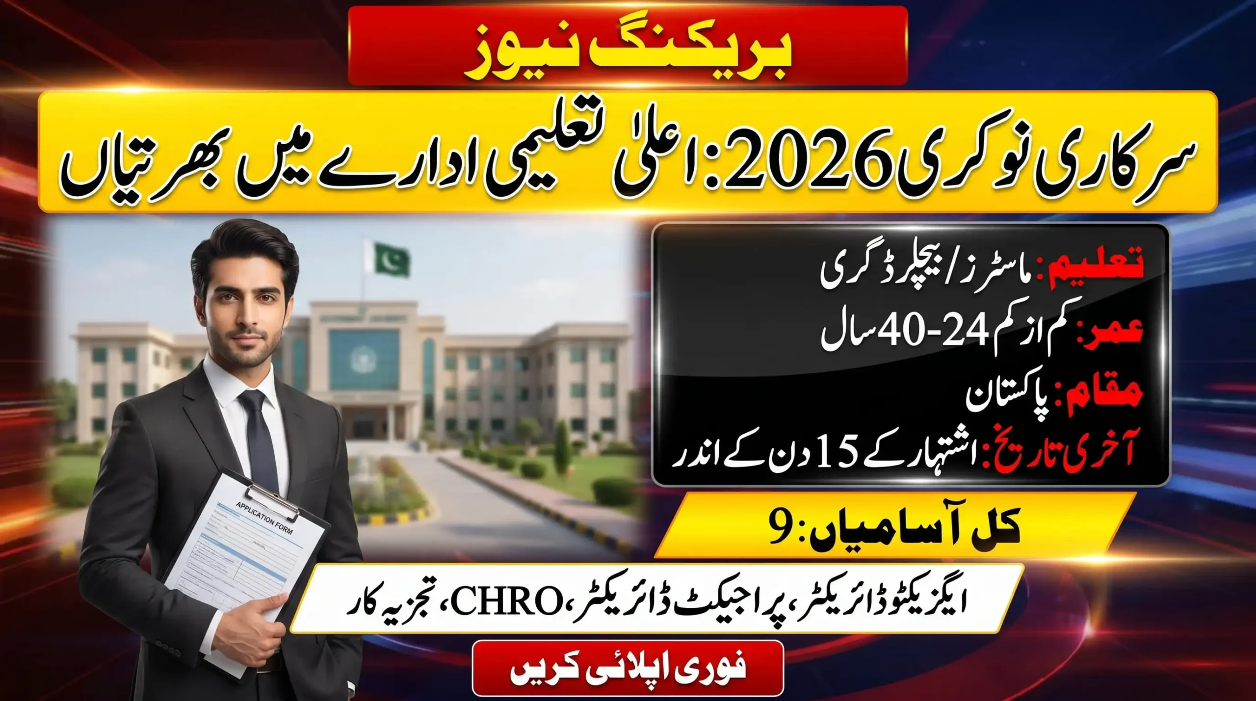 Public Sector Higher Education Jobs 2026 breaking news feature image showing Pakistan government higher education vacancies, eligibility, age limit and online apply details