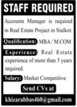Accounts Manager Jobs in Sialkot 2026 advertisement for real estate project requiring MBA/M.COM and 3+ years experience.