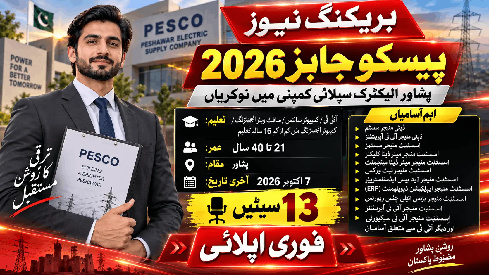 PESCO Jobs 2026 breaking news thumbnail featuring Peshawar Electric Supply Company latest vacancies, career opportunities, eligibility criteria, and online application details